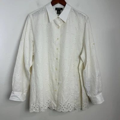 Lauren Ralph Lauren 亚麻纽扣衬衫女式 2X 蕾丝孔眼 Beachy 全新 — 第 1/4 张图片