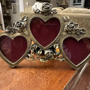 Vintage Gold Tone Picture Frame Roses & Hearts Design - Three 2" × 2" Photos *6 - Picture 1 of 7