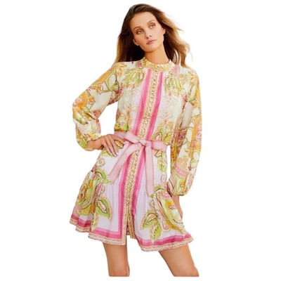 Antoio Melani Womens 12 Scarf Print Floral Border Print Brynn Dress Pink Green - Image 1 of 4