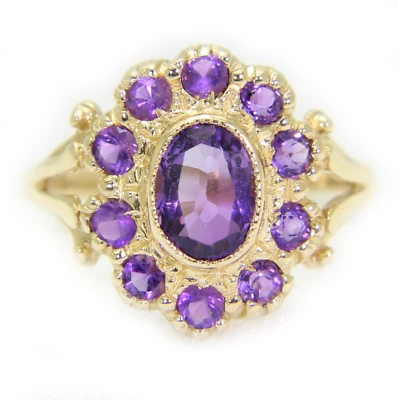 Потрясающий аметист кластер 9 карат желтое золото кольцо размер J 1/2 ~ США 5 - Изображение 1 из 4