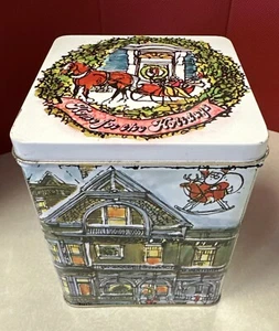 Vtg Enesco Christmas Tin Home for the Holidays House scene santa sleigh 4.5 x5.5 - Picture 1 of 9