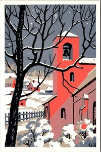 1940s Eyvind Earle & Ball Christmas Card - Unused 10x619, Houses Snow Bell - Picture 1 of 9