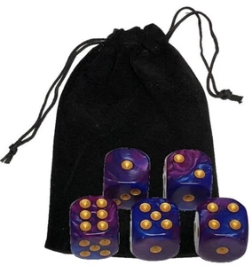 Set (5) 16mm 2-Color Pearlized Dice Blue Purple w/Gold Pips + Storage Pouch New - Picture 1 of 4