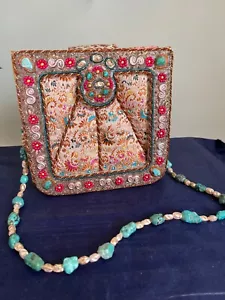Exquisite Mary Frances Beaded Silk Brocade Pink & Turquoise Shoulder Handbag - Picture 1 of 5