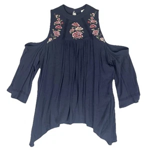Maurices Shirt Womens S Blue Floral Embroidered Boho Chic Flowy Festival Hippie - Picture 1 of 9