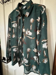 Women’s Long Sleeve Chiffon Blouse Forest Green Sheer Top Size 12 14 Sb12 - Picture 1 of 3