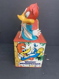 1960s MATTEL WOODY WOODPECKER MUSICAL JACK IN THE BOX METAL TOY READ - Picture 1 of 12