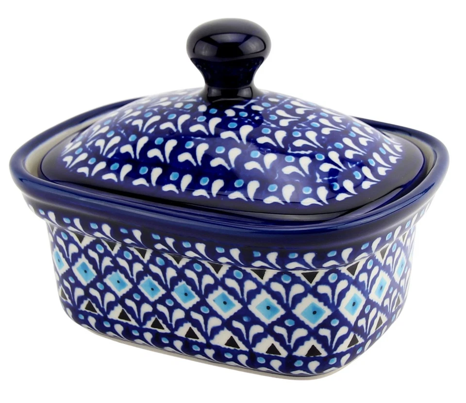 POLISH POTTERY MARKET Polish Pottery Butter Dish / Container with Lid, 5.75" L x 4" W x 4" H, 14 Oz.