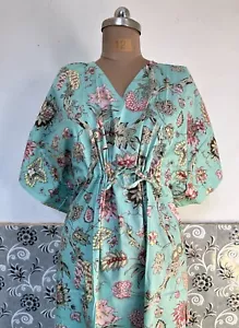 India Green Floral Kaftan Summer Bikini Cover Up Maxi Beach Kimonos Dresses US - Picture 1 of 6