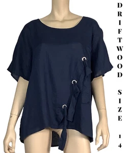 🌻 **DRIFTWOOD SIZE 14 NAVY BLUE LINEN TOP EYELIT DETAIL LIKE NEW - Picture 1 of 11