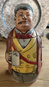 West Germany Stein Ceramic Beer Mug Train Conductor Lidded 8.5” Blue Hat - Picture 1 of 11