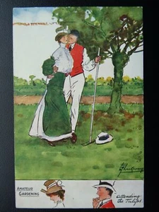 Amateur Gardening ATTENDING THE TULIPS couple Kiss c1906 PC Raphael Tuck 9174 - Picture 1 of 2