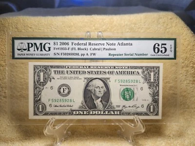 2006 $1 Repeater Fancy Serial Number 59285928 PMG Gem Unc 65 EPQ - Image 1 of 2