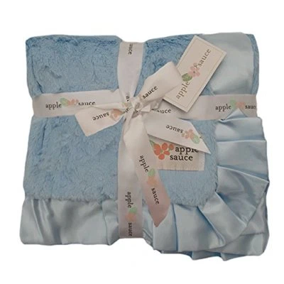 Blue Satin Trimmed Baby Blanket White By Applesauce - Image 1 of 4