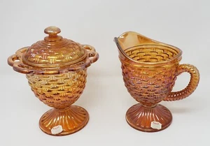 Imperial Glass Basket Weave Carnival Iridescent Compote & Creamer set - Picture 1 of 11