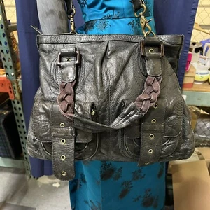 ELLIOT LUCCA Black Leather Braided Handles Tote Hobo Shoulder Bag Distressed - Picture 1 of 10