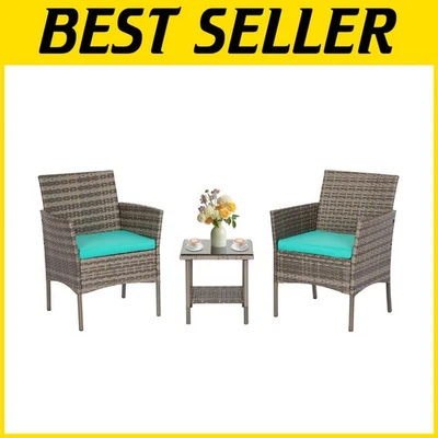 Compact Patio Furniture Set with Blue Cushions - Image 1 of 4