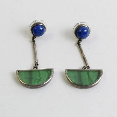 Orecchini Pendenti In Argento Sterling Con Malachite E Lapis Firmati CY - Immagine 1 di 4