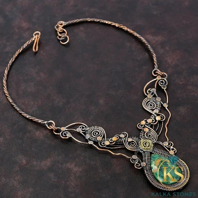 Collar de flores envuelto en alambre cadena de cobre piedras preciosas crisocola de cuprita joyería Foto 1 de 4