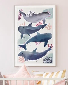 Dolphin Watercolour Art Print, Girls Nursery And Bedroom Wall Art A4 SIZE - Picture 1 of 3