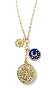 Gold Belcher Rolo Chain Charm Necklace With Dragon Medallion Enamel CZ Moon Star - Picture 1 of 4