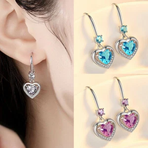 Women Earrings Stone Crystal Heart Drop Fashion Stud Hook Jewellery Gift - Picture 1 of 9