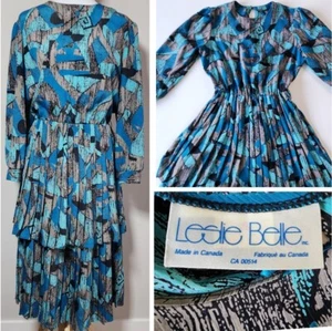 Vintage LESLIE BELLE Dress Womens Large Teal Floral Pleated Layered 1980s Party - Picture 1 of 19