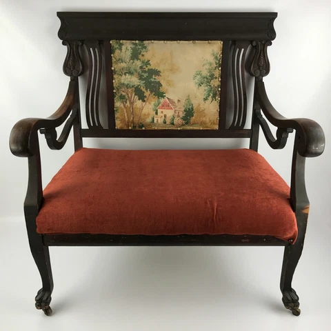 Antique Settee Seat Original Caster Wood Wheels Seller Refurbished Seat Cushion Cover