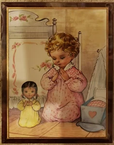 Vtg Little Girl Praying w doll Wall Decor Wood boarder 10" x 8" New Sealed - Picture 1 of 5