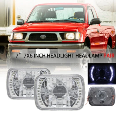 Pair 7x6 inch Glass Lens White LED Halo Projector chrome H4 Headlights Headlamp - Image 1 of 4