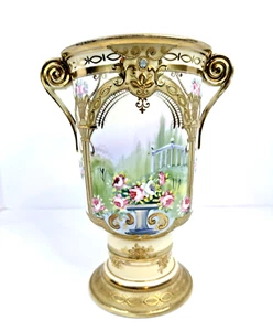 Antique Porcelain Nippon Hand Painted Double Handled Vase Roses Gold Trim 9.25" - Picture 1 of 10