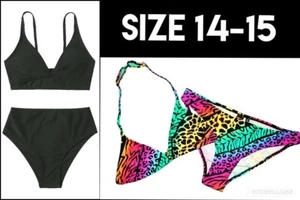 NWT GIRLS 14-15 BLACK HI-WAIST PLUNGE BIKINI or BLACK, TEAL ANIMAL PRINT BIKINI - Picture 1 of 12