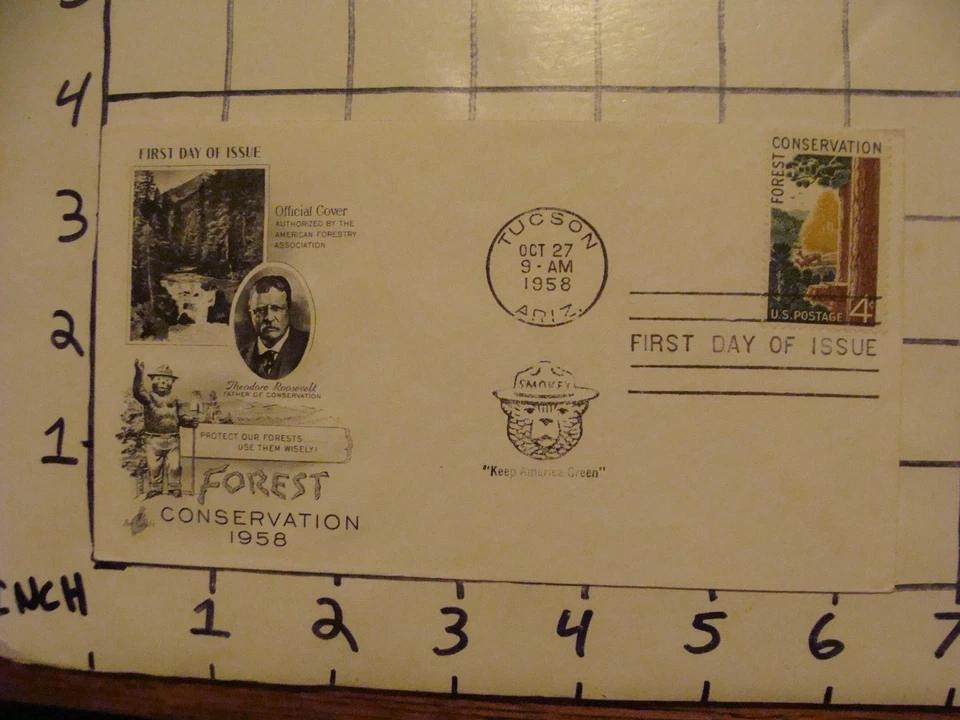 Vintage Envelope FIRST DAY OF ISSUE: oct 27, 1958 FOREST CONSERVATION teddy ROS - Image 1 of 1