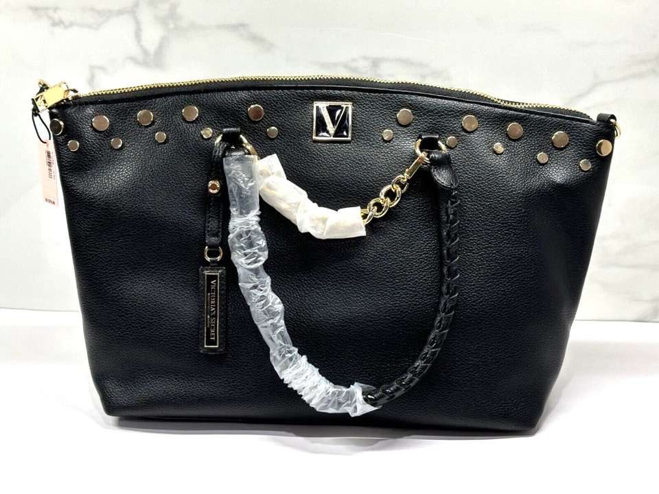 Victorias Secret Studded Slouchy Satchel Bag Handbag Cross Body Strap Pebbled