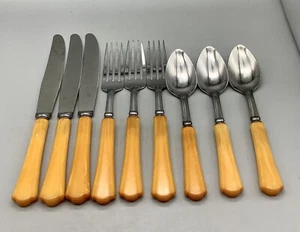 Vintage 1920-50’s Butterscotch Bakelite 9 Piece (3 Pcs/Set) Stainless Flatware - Picture 1 of 7