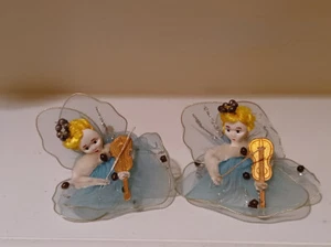 Vintage Christmas Japan Tulle Celluloid Face Angels with Violin 2-1/2" - Picture 1 of 8