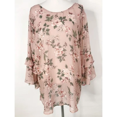 Torrid Top Womens 4X 4 Pink Floral Strappy Back Flowy Sheer Peasant Cottagecore - Image 1 of 4
