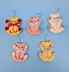 Vintage Teddy Bear Ornaments Handmade Felt & Sequins Set Of 5 - Picture 1 of 3
