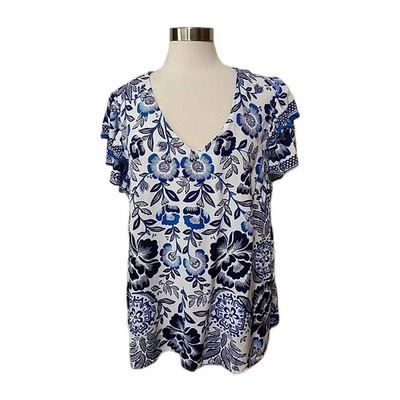 Blusa Top RACHEL ZOE Mujer Talla Grande 2X Boho Campesina Azul Floral Flutter Slv  Foto 1 de 4