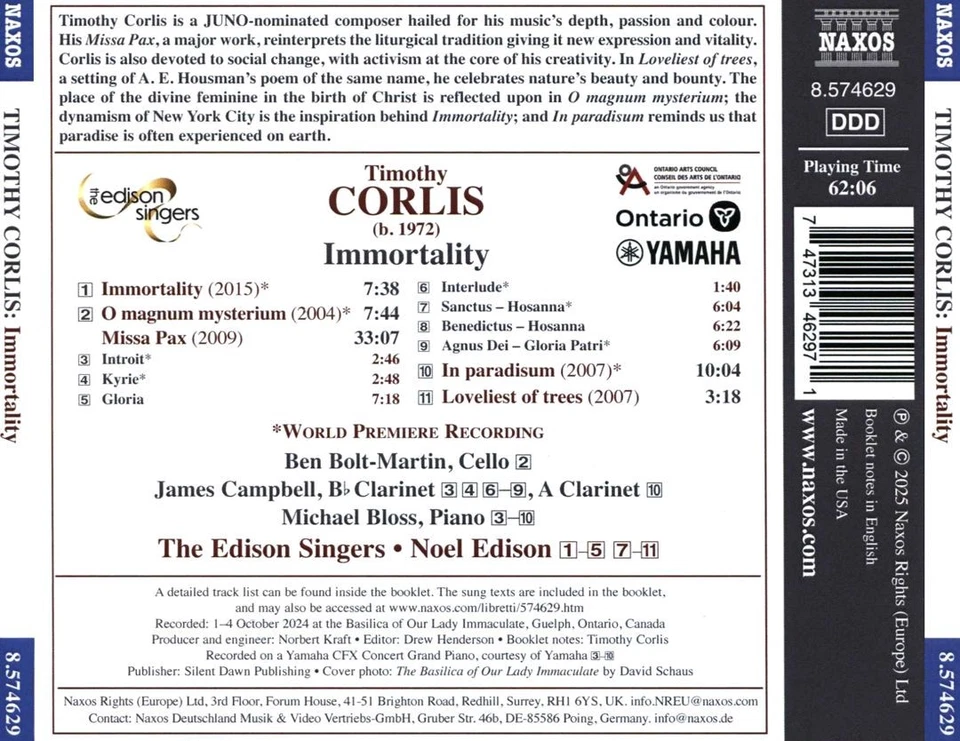 NOEL EDISON / THE EDISON SINGERS TIMOTHY CORLIS: IMMORTALITY - CHORAL WORKS NEW Foto 1 de 1