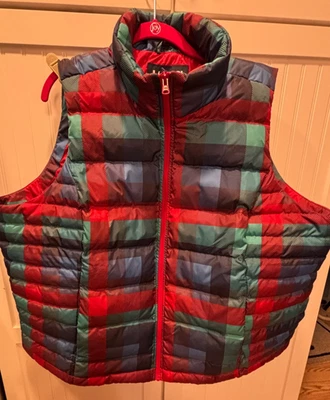 Lands End Down Puffer Vest 2X Red Plaid Tartan 20W-22W Womens Full Zip Pockets - Image 1 of 4