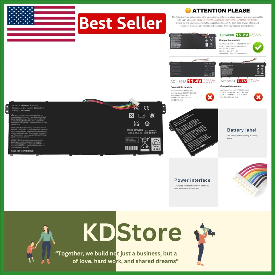 Аккумулятор AC14B8K для Acer Chromebook и Aspire V3-371 4 ячейки 48 Втч перезаряжаемый - Изображение 1 из 4