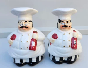 Fat Italian Chef Salt and Pepper Shakers Set Vintage, Chef's Hat, Wine Bottle - Picture 1 of 6
