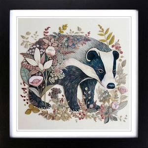 Badger Floral Art No.2 Framed Canvas Wall Art Print Poster Picture, Home Decor - Picture 1 of 6