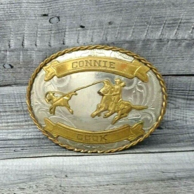 Western Calf Roping Trophy Belt Buckle Rodeo Nickel Silver Vintage 80s   .CVB320 - Image 1 of 4