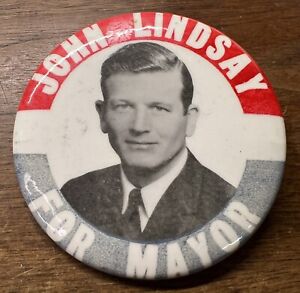 DUŻE John Lindsay dla burmistrza ZDJĘCIE Pinback Button lata 60. Nowy Jork 3,5 cala