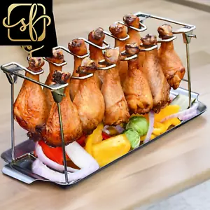 Rack Leg Chicken for Grill with Drip Tray - Easy to Use 12 Slots Chicken Wing Ra - Picture 1 of 2
