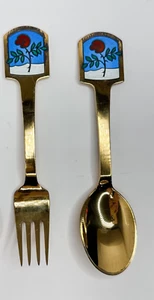 1977 Anton Michelsen Löffel & Gabel Set "Winterrose" Emaille vergoldet Sterling 925 - Bild 1 von 10