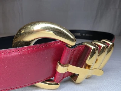 VINTAGE 80s ESCADA Red Leather Gold Crescent Buckle Belt Size 40 Germany - Image 1 of 4