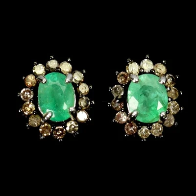 925 Sterling Silver Earrings Oval Emerald 5x4mm Diamond 28pcs Gemstone Jewelry - Image 1 of 4